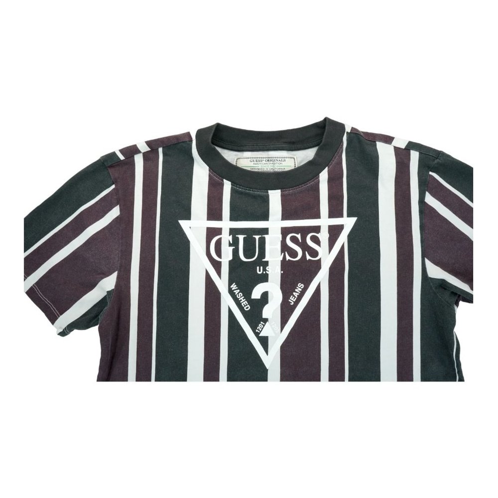 Guess Originals Shirt Men's Small Red Black Vertical Striped Faded Short Sleeve - Picture 3 of 5